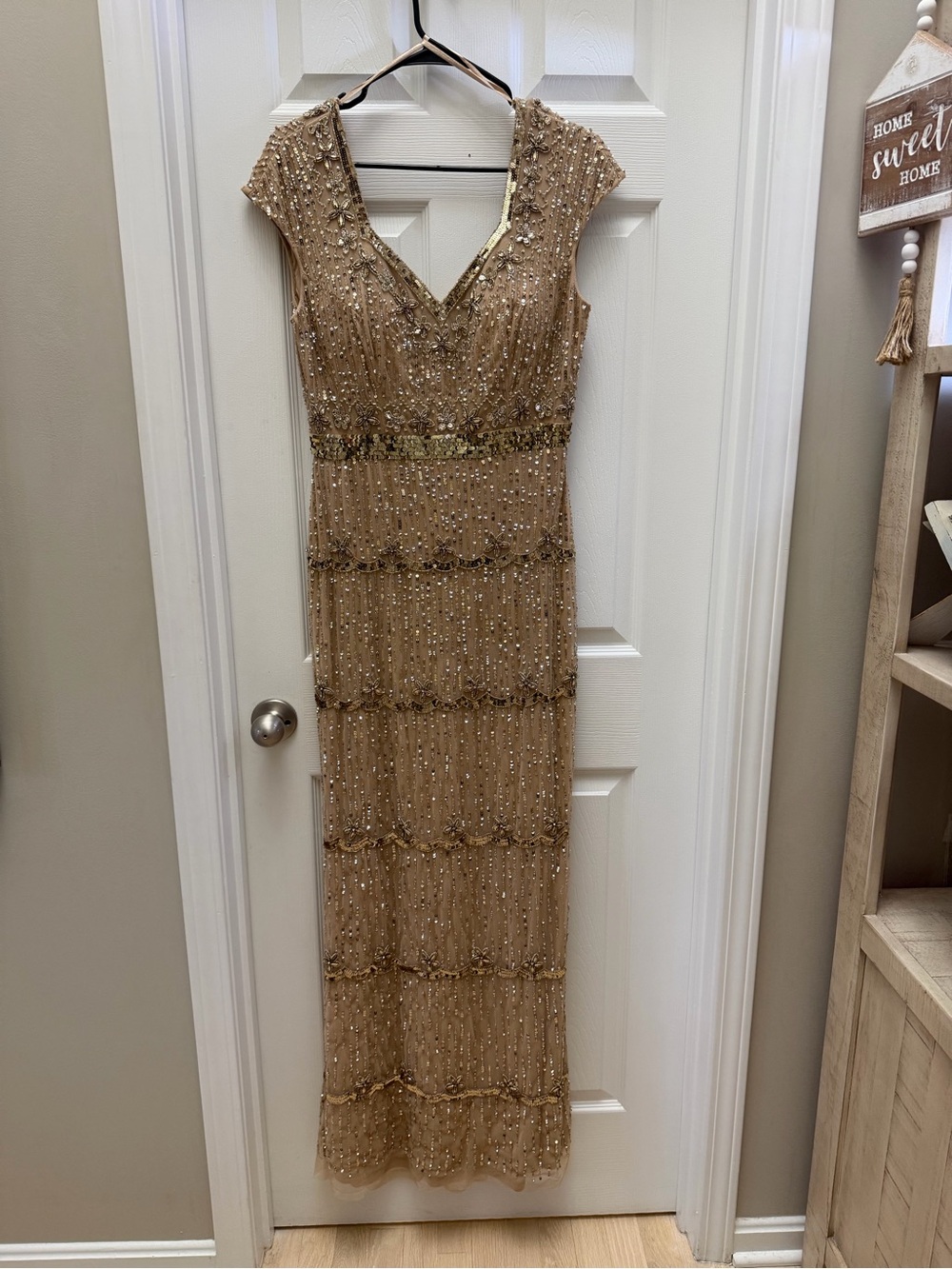 Mac Duggal Gold Beaded Sequin Embellished Maxi Gown Size 8